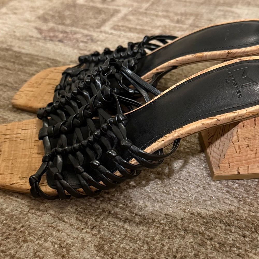Marc Fisher Black Woven Cork Block Heel Mules